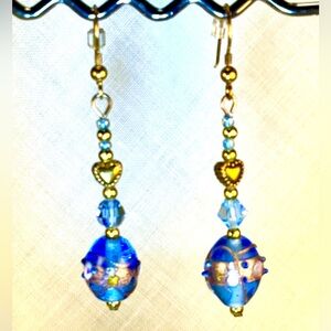 Earrings Pierced Handcrafted Unique Design Women’s Embellished/Faceted Blue/Gold